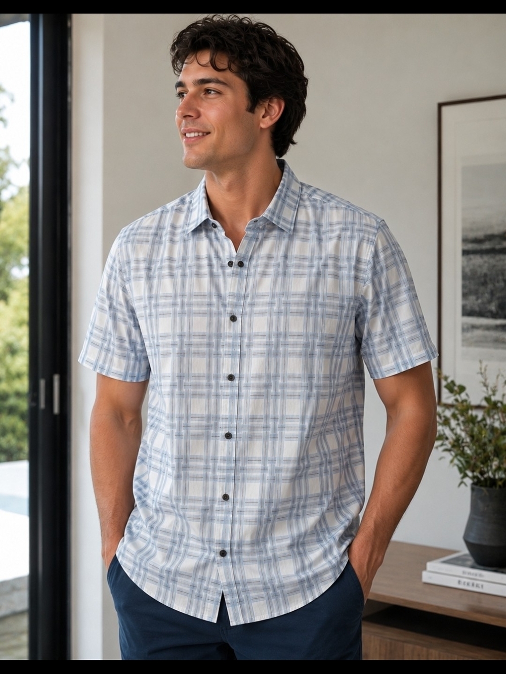 Karl Lagerfel Light Blue Plaid Short-Sleeve Men's Shirt New L